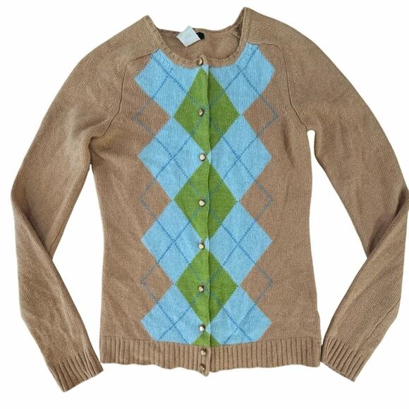 J. Crew Tan Argyle Button Down Cardigan Merino Wool Academia Preppy Sweater XS - Picture 10 of 16